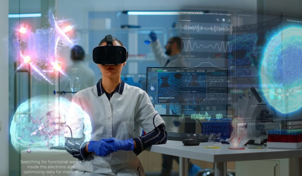Людина у медичному халаті та VR-окулярах на фоні колб