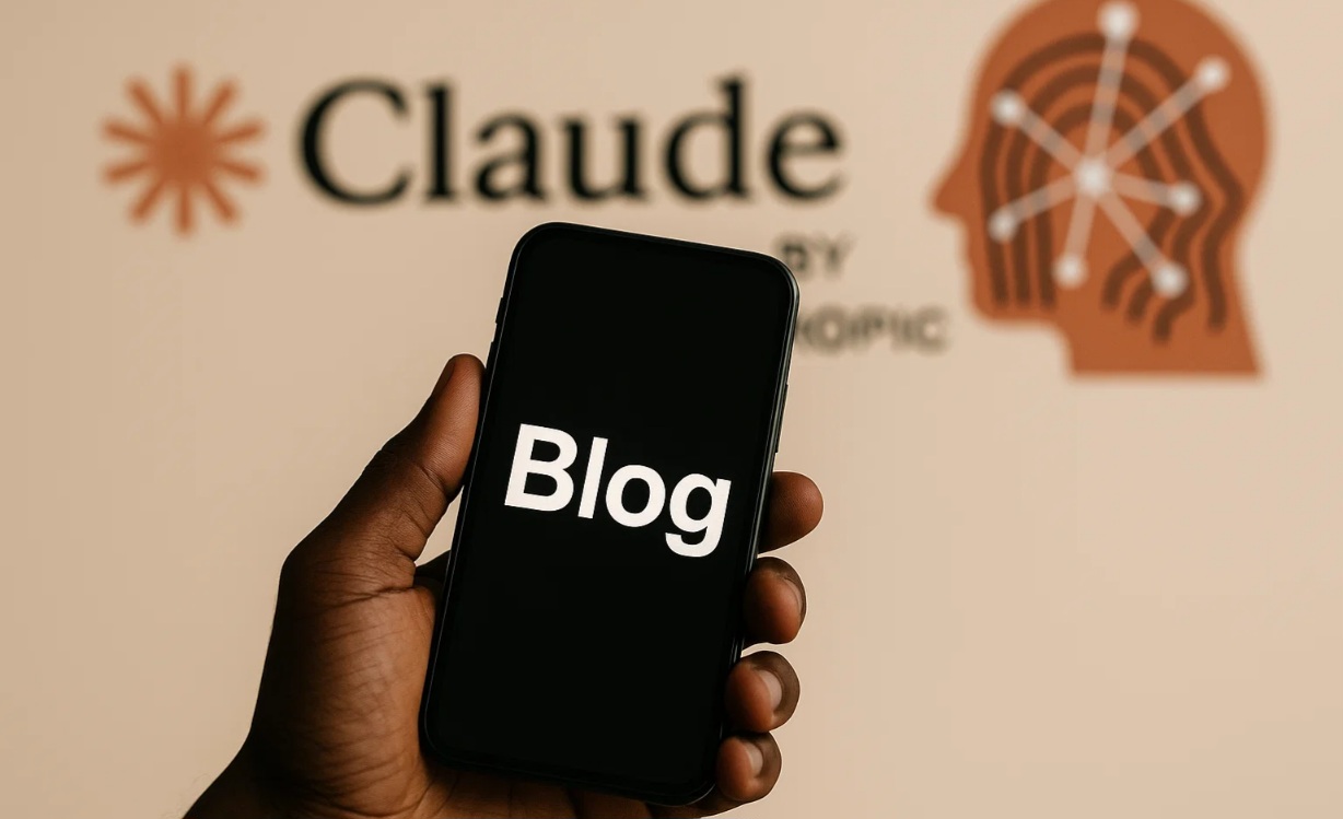 Рука з телефоном на фоні Anthropic Claude Blog