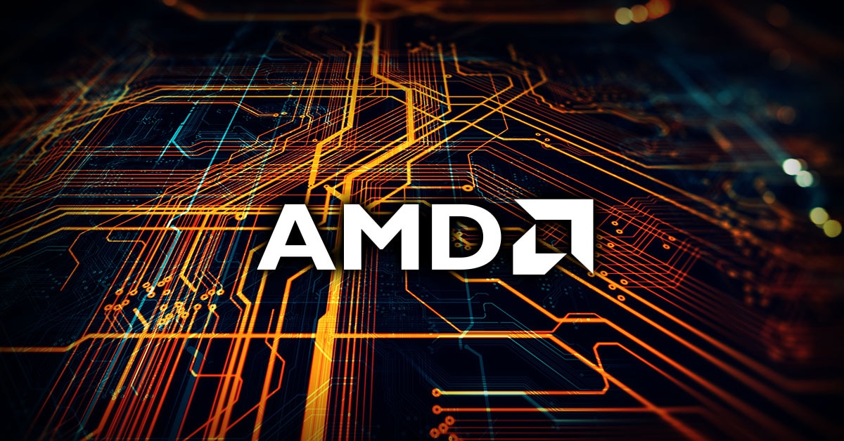 Логотип компанії AMD на фоні мікросхеми чіпу ШІ